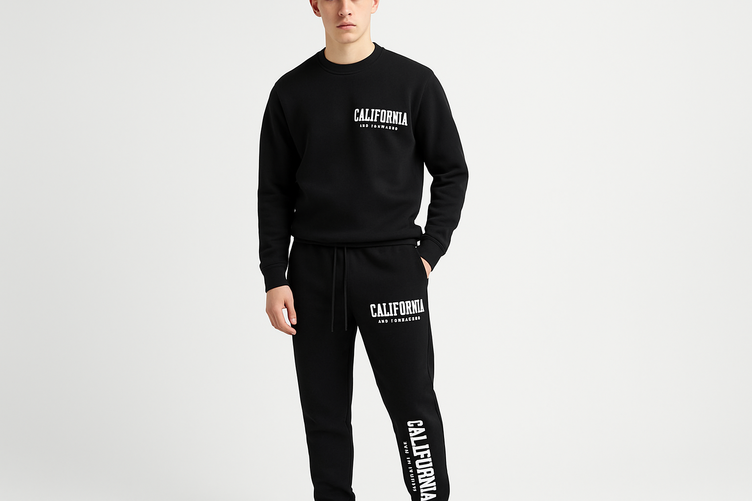 19-year-old in black California joggers - clean background