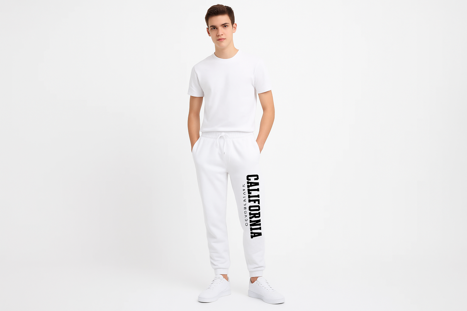 19-year-old in white California joggers - clean background