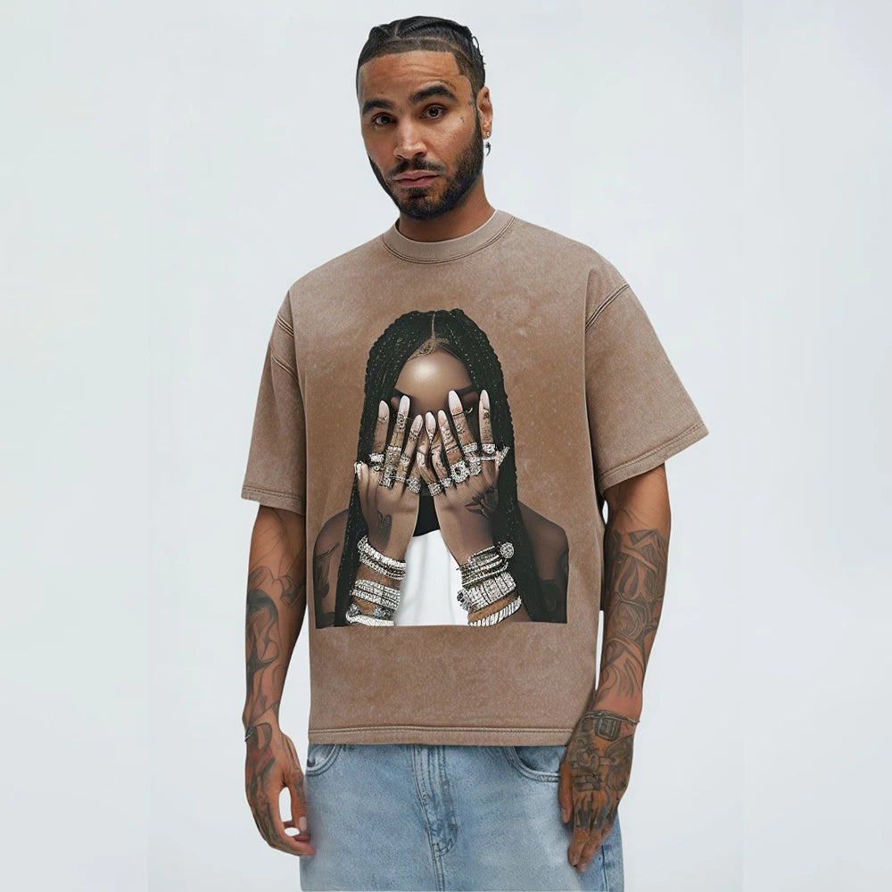 Men's Retro Printed High Street T-Shirt  Oversized Short Sleeve Hip Hop Style