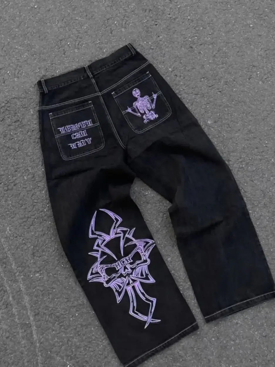 Mens Hip Hop Retro Skull Embroidery Washed Baggy Denim Pants New Straight Casual Loose Wide Leg Trouser Streetwear