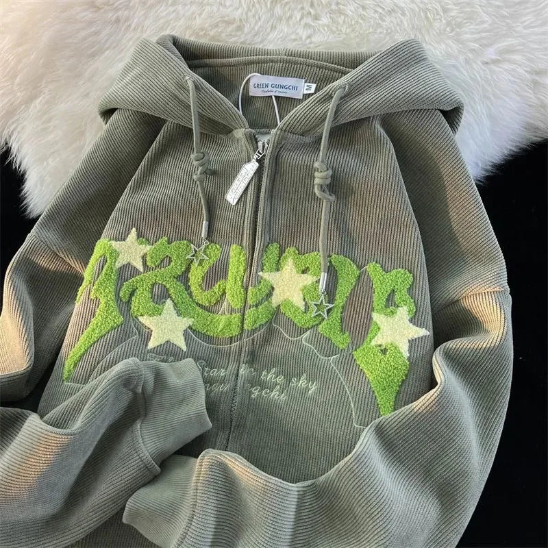 Zip Up Hoodies  Autumn Long Sleeve Tops Loose Hood Shirt  Sweatshirt Jacket