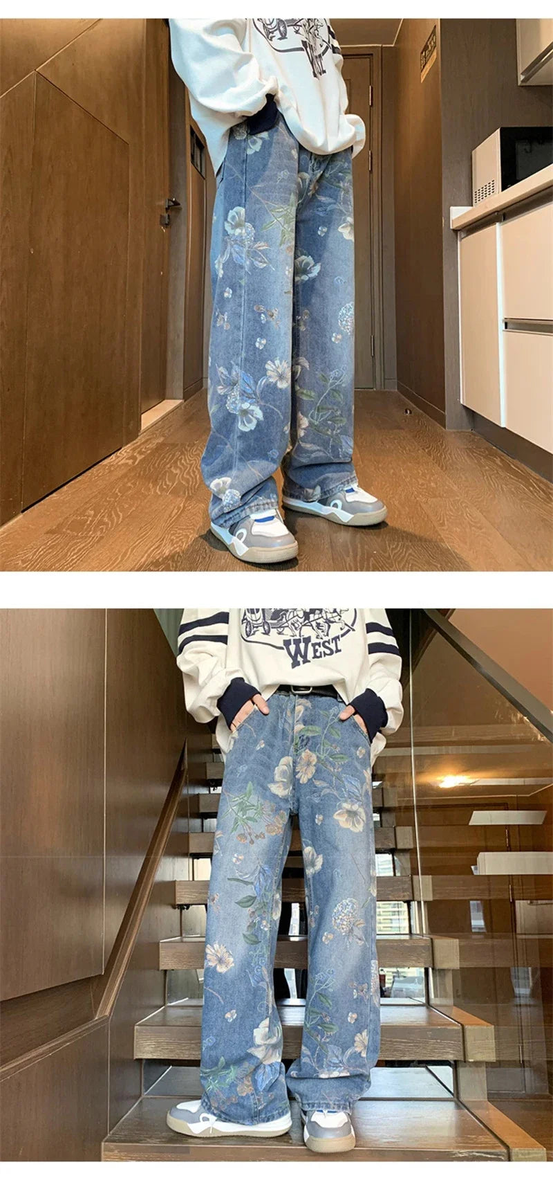 Autumn Floral Printed Jeansn 2024 New Y2K Vintage Denim Pants Hip Hop Fashion Wide-leg Baggy Jean Streetwear