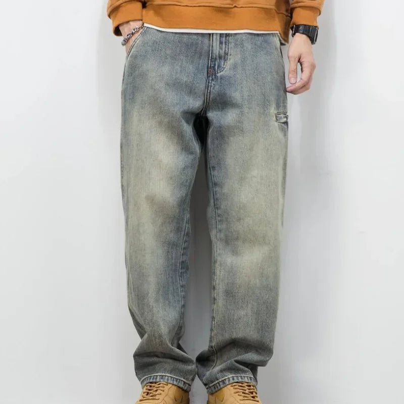 Men's Jeans Retro Cargo Trousers Straight Man Cowboy Pants