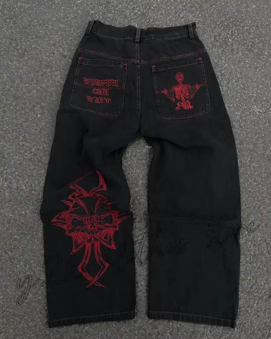 Mens Hip Hop Retro Skull Embroidery Washed Baggy Denim Pants New Straight Casual Loose Wide Leg Trouser Streetwear