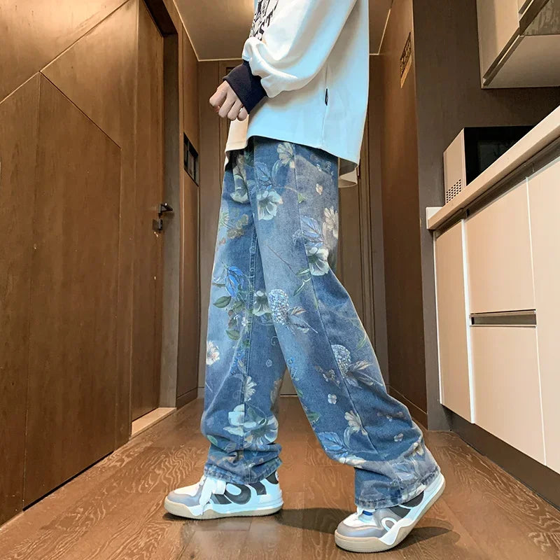 Autumn Floral Printed Jeansn 2024 New Y2K Vintage Denim Pants Hip Hop Fashion Wide-leg Baggy Jean Streetwear