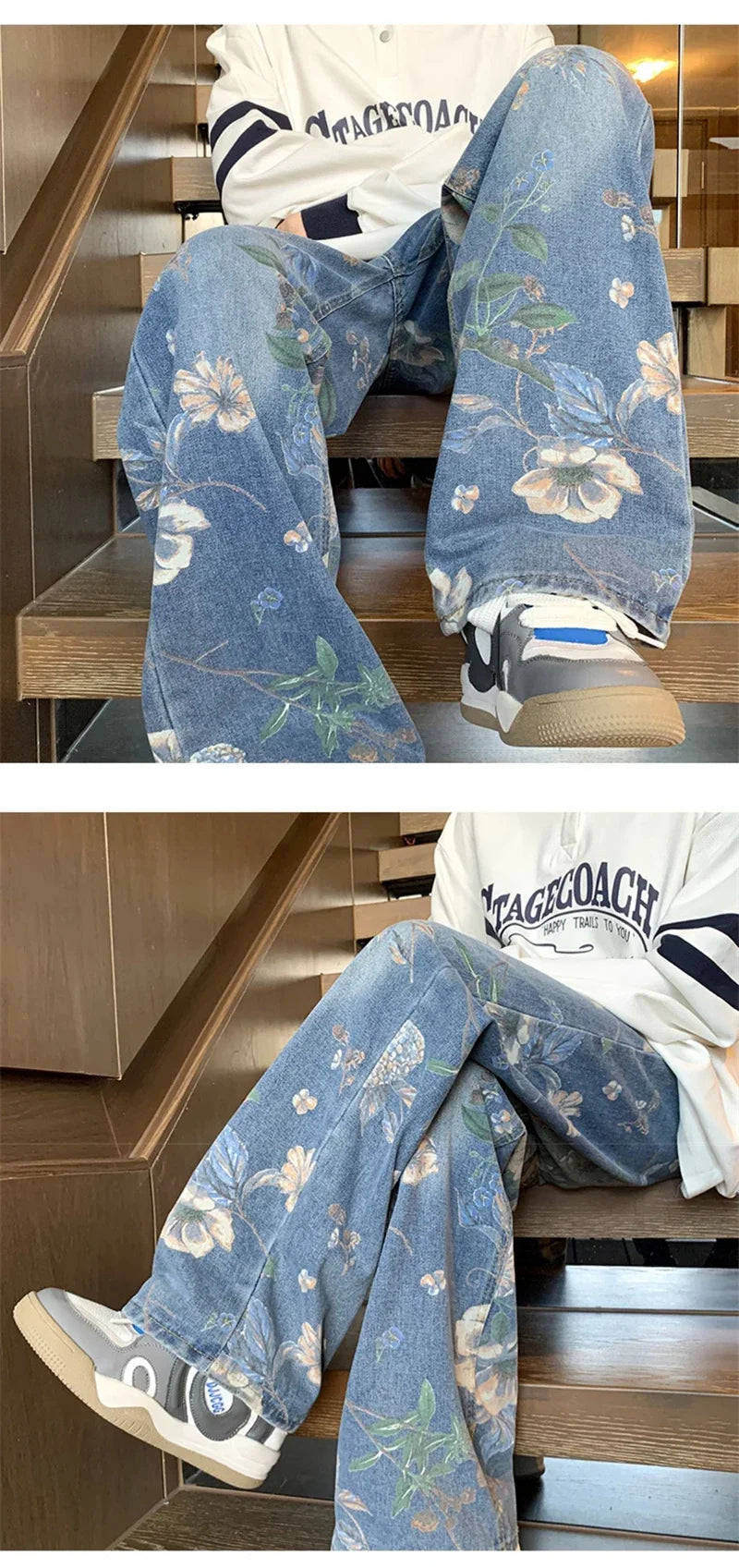 Autumn Floral Printed Jeansn 2024 New Y2K Vintage Denim Pants Hip Hop Fashion Wide-leg Baggy Jean Streetwear