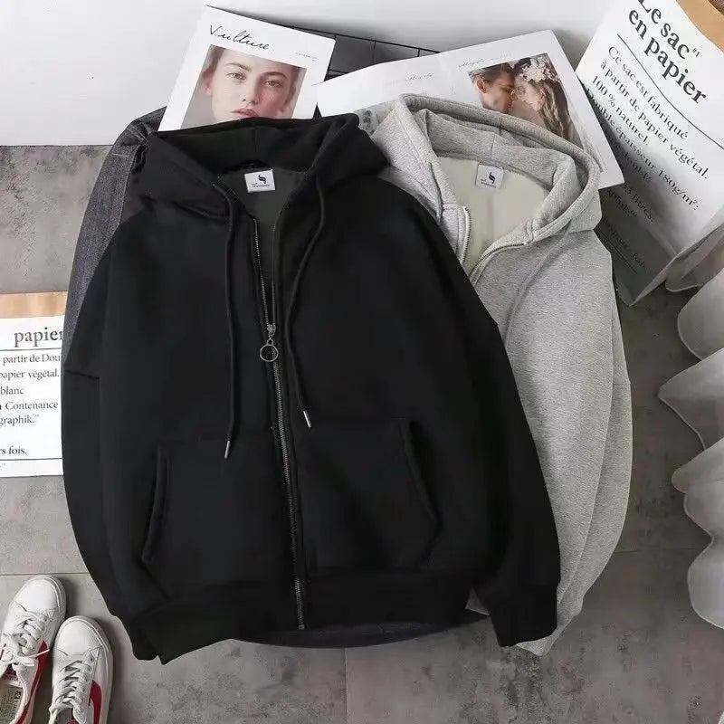 Elegant Women Chic Hoodies Fashion Autumn Winter Fleece Long Sleeve Solid Color Hooded Top Casual Office Lady Zipper Sweatshirts