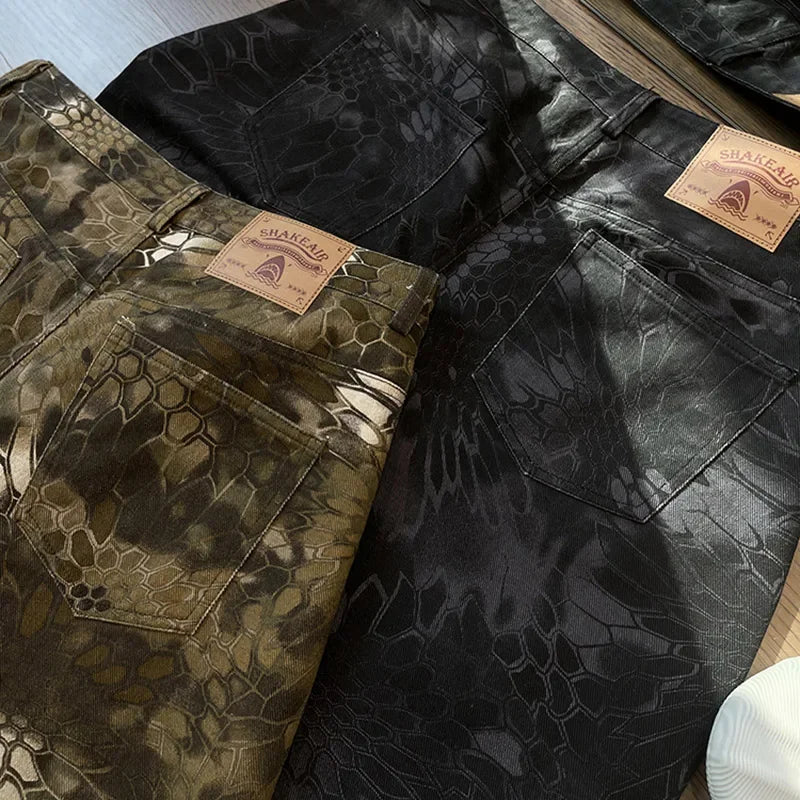 New Men Chic Snake Print Streetwear Jeans Male Designer Brand Casual Denim Pants Popular American Graphic Hip Pop Denim Trousers