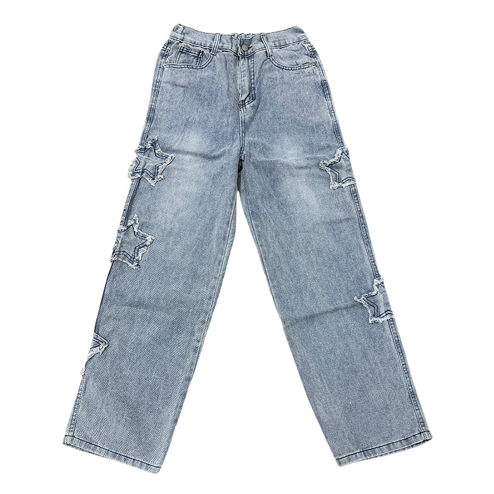 Star Embroidery Straight Casual Men Jeans Gothic Neutral New Wide Leg Loose Hip-hop Fashion Youth Streetwear