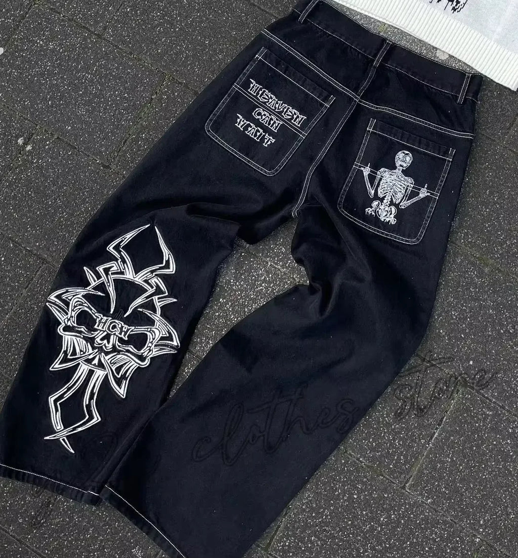 Mens Hip Hop Retro Skull Embroidery Washed Baggy Denim Pants New Straight Casual Loose Wide Leg Trouser Streetwear
