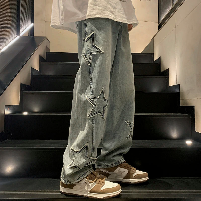 Star Embroidery Straight Casual Men Jeans Gothic Neutral New Wide Leg Loose Hip-hop Fashion Youth Streetwear
