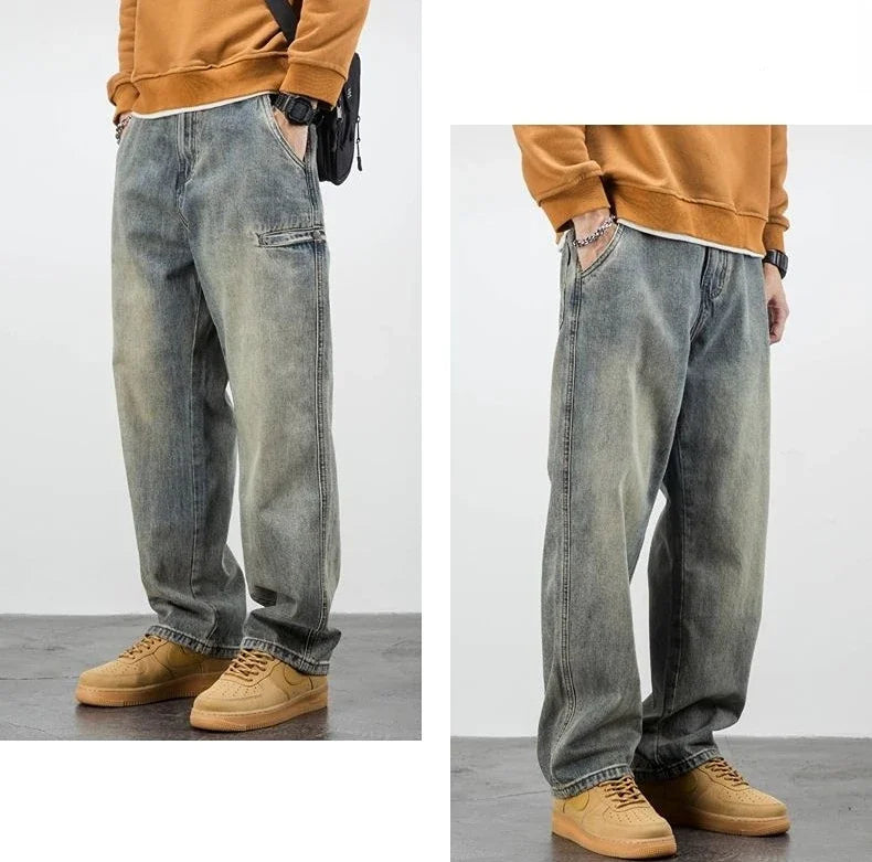 Men's Jeans Retro Cargo Trousers Straight Man Cowboy Pants