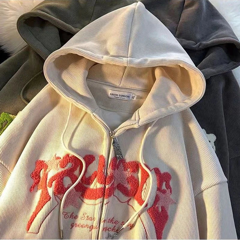 Zip Up Hoodies  Autumn Long Sleeve Tops Loose Hood Shirt  Sweatshirt Jacket