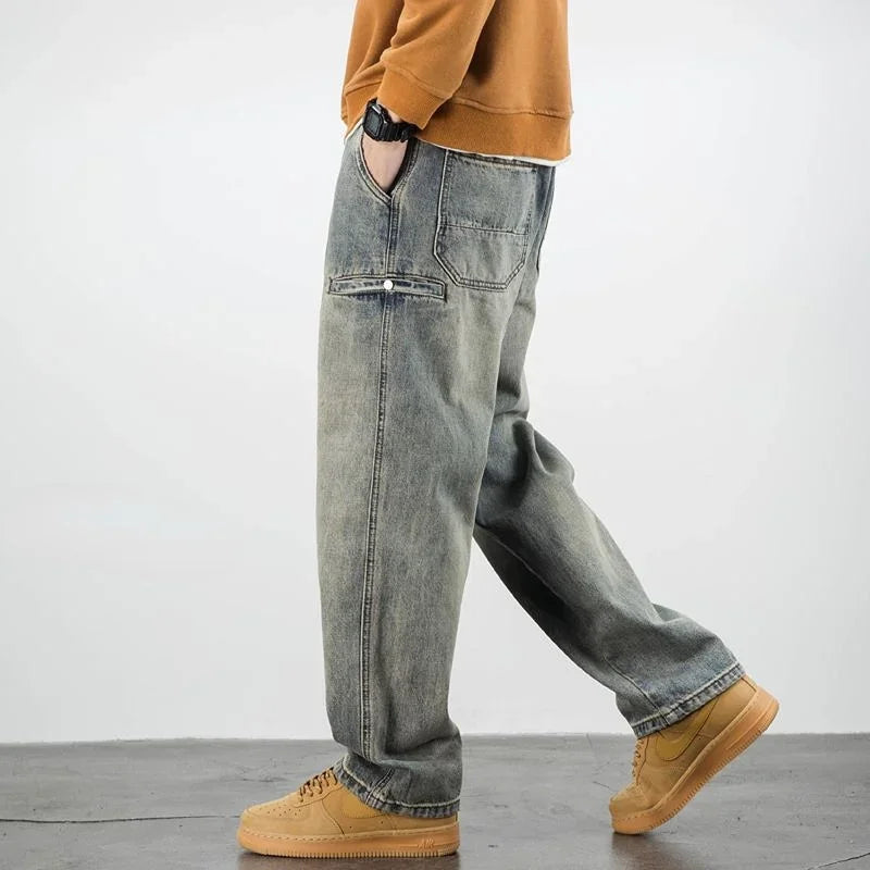 Men's Jeans Retro Cargo Trousers Straight Man Cowboy Pants