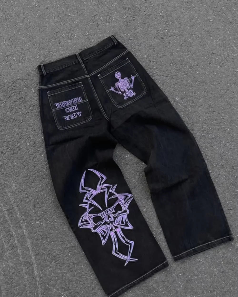 Mens Hip Hop Retro Skull Embroidery Washed Baggy Denim Pants New Straight Casual Loose Wide Leg Trouser Streetwear