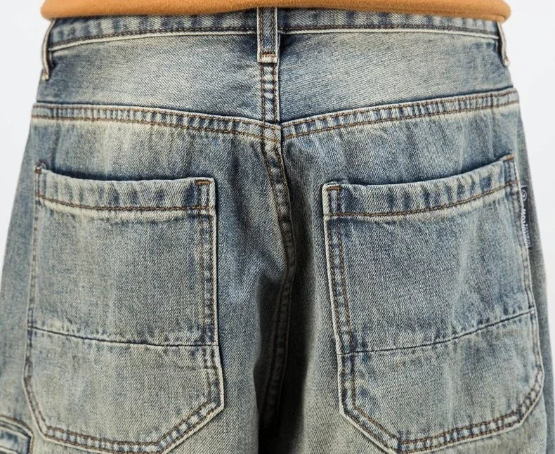 Men's Jeans Retro Cargo Trousers Straight Man Cowboy Pants
