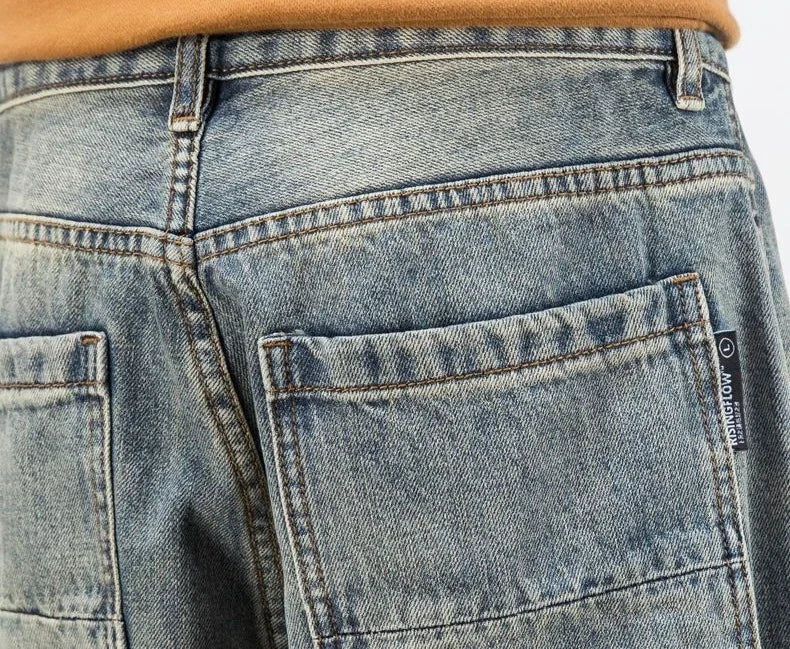 Men's Jeans Retro Cargo Trousers Straight Man Cowboy Pants