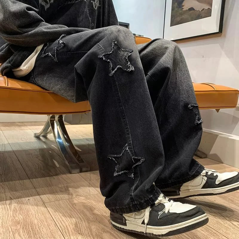 Star Embroidery Straight Casual Men Jeans Gothic Neutral New Wide Leg Loose Hip-hop Fashion Youth Streetwear