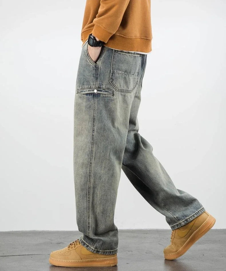 Men's Jeans Retro Cargo Trousers Straight Man Cowboy Pants