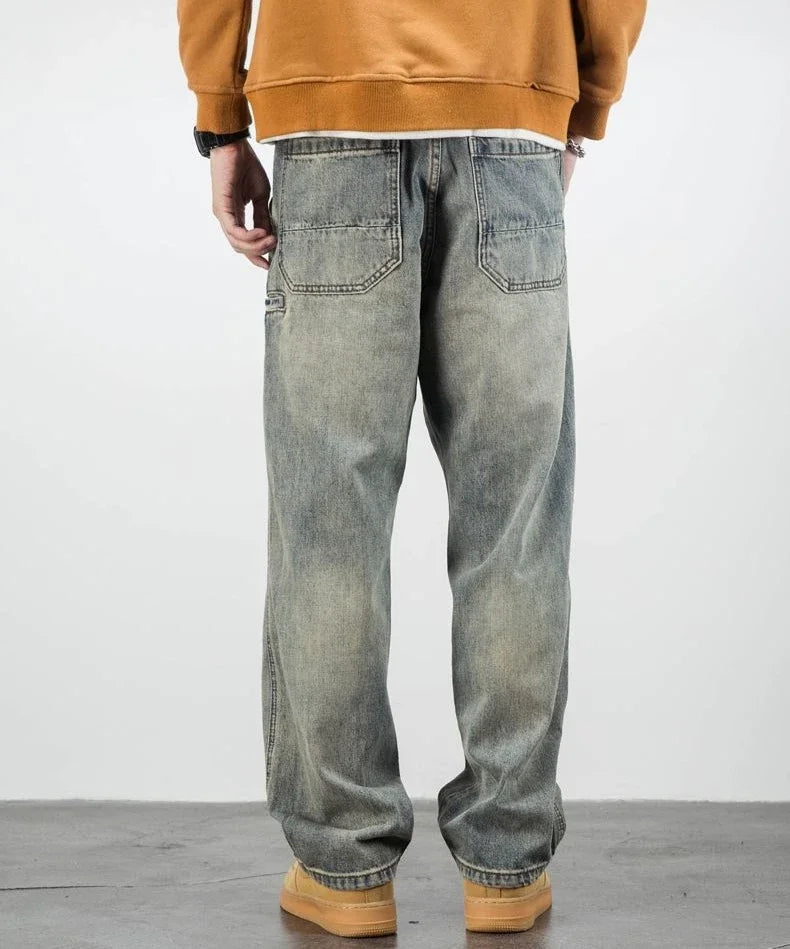 Men's Jeans Retro Cargo Trousers Straight Man Cowboy Pants