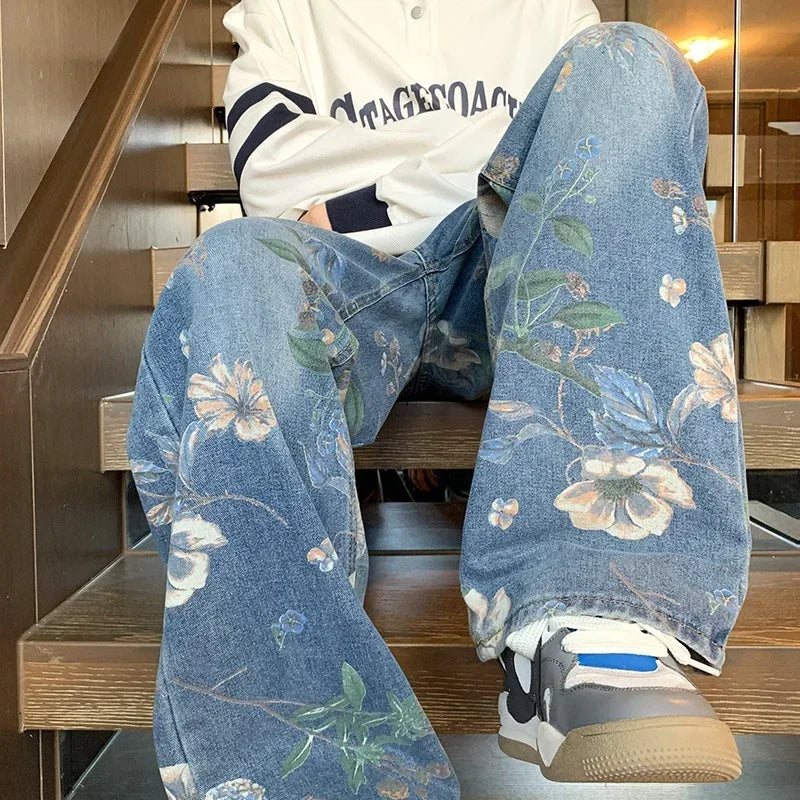 Autumn Floral Printed Jeansn 2024 New Y2K Vintage Denim Pants Hip Hop Fashion Wide-leg Baggy Jean Streetwear