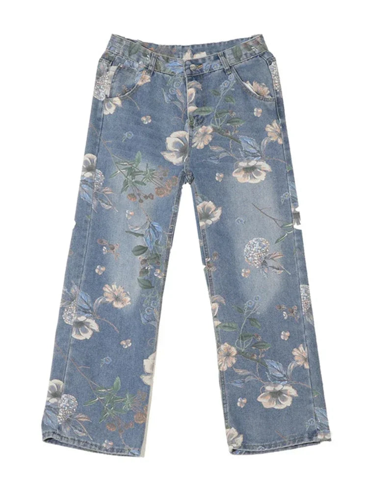 Autumn Floral Printed Jeansn 2024 New Y2K Vintage Denim Pants Hip Hop Fashion Wide-leg Baggy Jean Streetwear