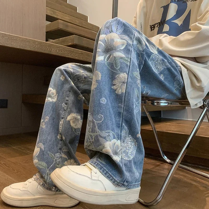 Autumn Floral Printed Jeansn 2024 New Y2K Vintage Denim Pants Hip Hop Fashion Wide-leg Baggy Jean Streetwear