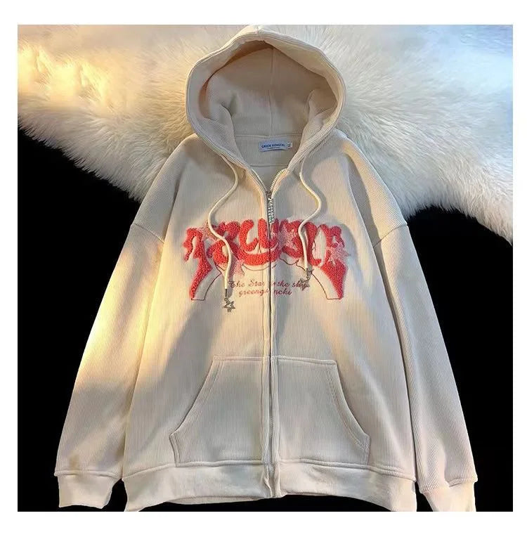 Zip Up Hoodies  Autumn Long Sleeve Tops Loose Hood Shirt  Sweatshirt Jacket