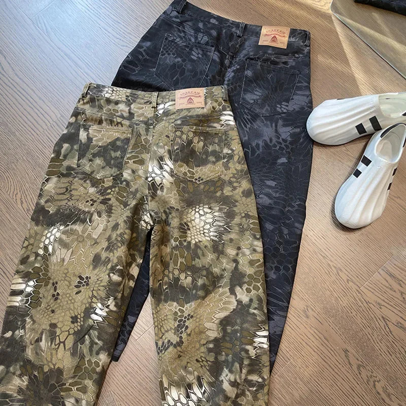 New Men Chic Snake Print Streetwear Jeans Male Designer Brand Casual Denim Pants Popular American Graphic Hip Pop Denim Trousers