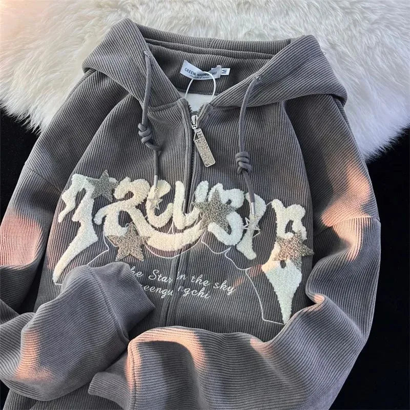 Zip Up Hoodies  Autumn Long Sleeve Tops Loose Hood Shirt  Sweatshirt Jacket