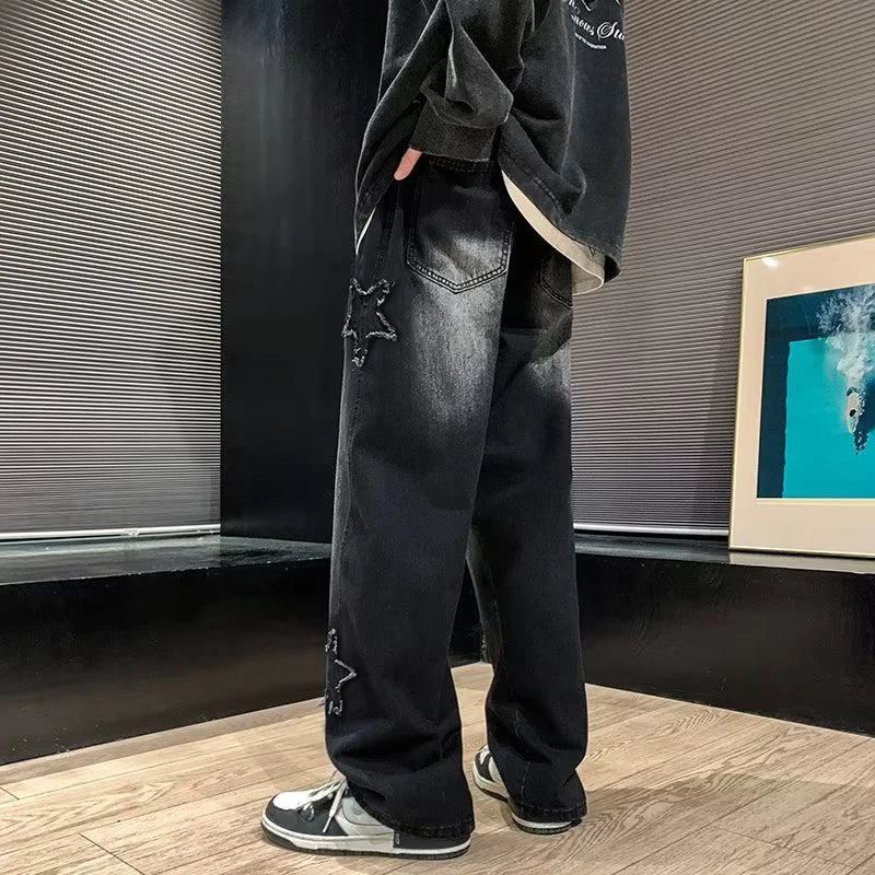 Star Embroidery Straight Casual Men Jeans Gothic Neutral New Wide Leg Loose Hip-hop Fashion Youth Streetwear