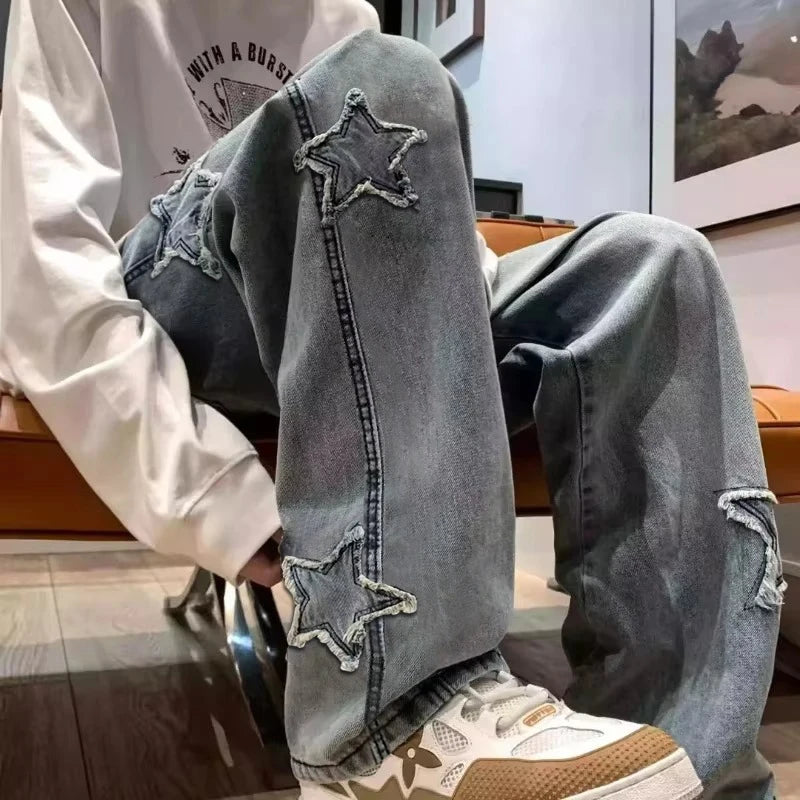Star Embroidery Straight Casual Men Jeans Gothic Neutral New Wide Leg Loose Hip-hop Fashion Youth Streetwear