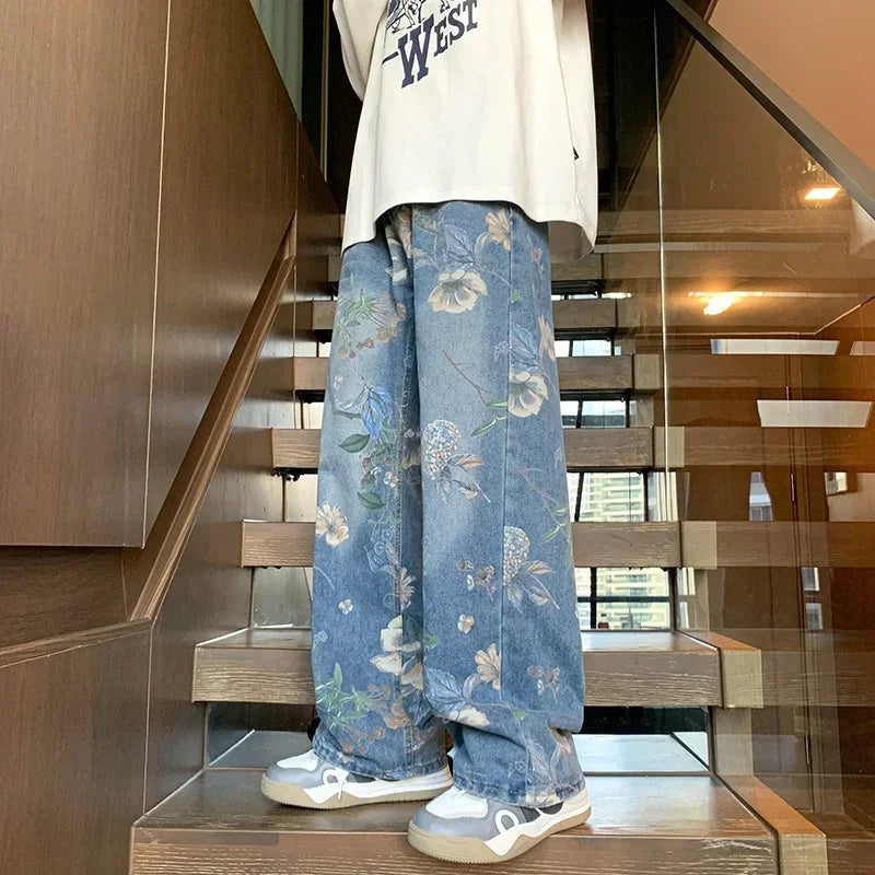 Autumn Floral Printed Jeansn 2024 New Y2K Vintage Denim Pants Hip Hop Fashion Wide-leg Baggy Jean Streetwear