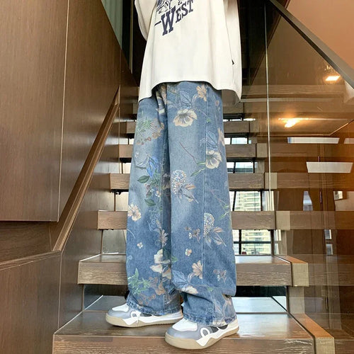 Autumn Floral Printed Jeansn 2024 New Y2K Vintage Denim Pants Hip Hop Fashion Wide-leg Baggy Jean Streetwear