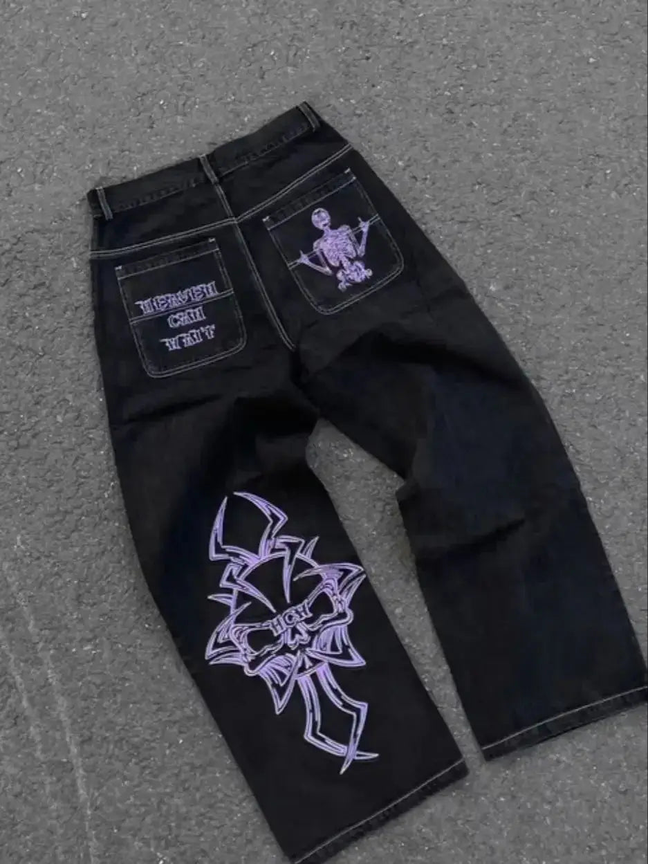 Mens Hip Hop Retro Skull Embroidery Washed Baggy Denim Pants New Straight Casual Loose Wide Leg Trouser Streetwear