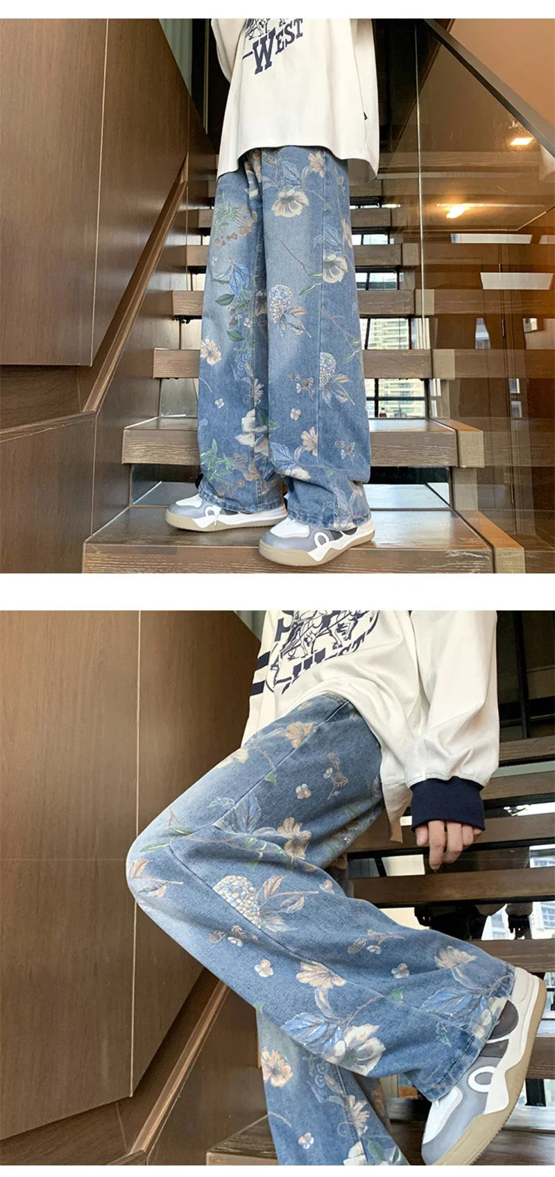 Autumn Floral Printed Jeansn 2024 New Y2K Vintage Denim Pants Hip Hop Fashion Wide-leg Baggy Jean Streetwear