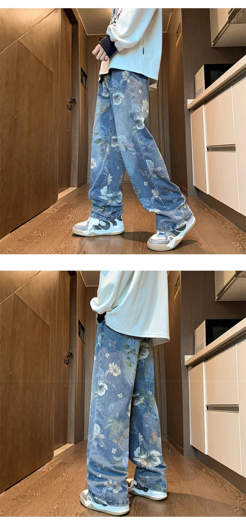 Autumn Floral Printed Jeansn 2024 New Y2K Vintage Denim Pants Hip Hop Fashion Wide-leg Baggy Jean Streetwear
