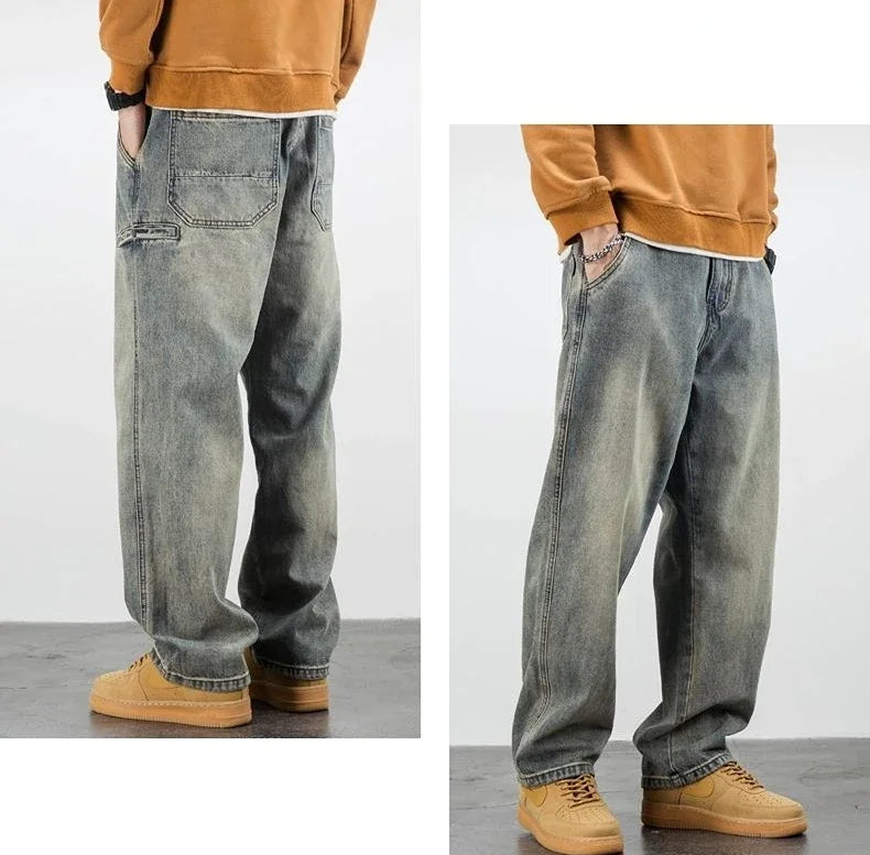 Men's Jeans Retro Cargo Trousers Straight Man Cowboy Pants