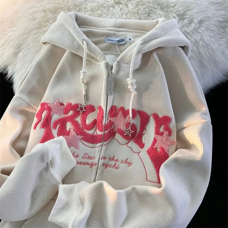 Zip Up Hoodies  Autumn Long Sleeve Tops Loose Hood Shirt  Sweatshirt Jacket