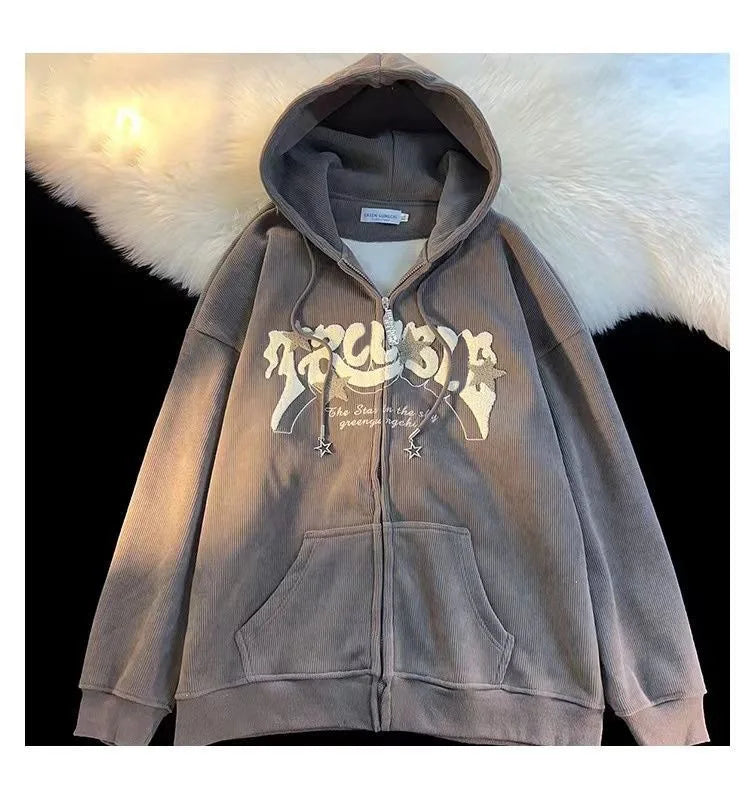 Zip Up Hoodies  Autumn Long Sleeve Tops Loose Hood Shirt  Sweatshirt Jacket