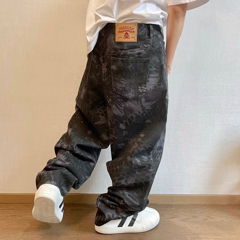 New Men Chic Snake Print Streetwear Jeans Male Designer Brand Casual Denim Pants Popular American Graphic Hip Pop Denim Trousers
