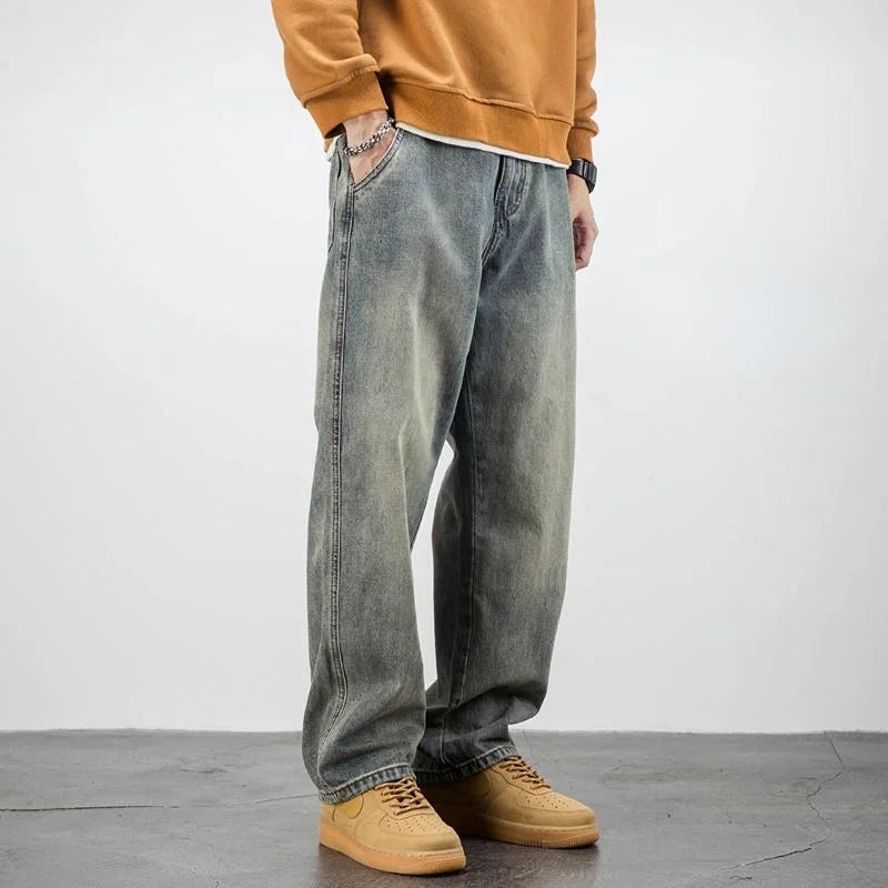 Men's Jeans Retro Cargo Trousers Straight Man Cowboy Pants