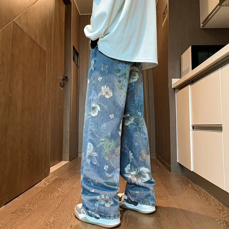 Autumn Floral Printed Jeansn 2024 New Y2K Vintage Denim Pants Hip Hop Fashion Wide-leg Baggy Jean Streetwear