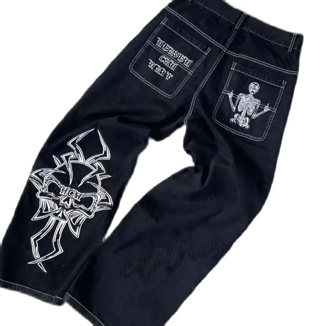 Mens Hip Hop Retro Skull Embroidery Washed Baggy Denim Pants New Straight Casual Loose Wide Leg Trouser Streetwear