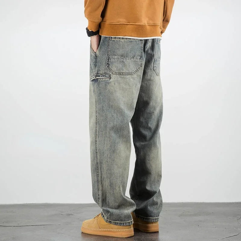 Men's Jeans Retro Cargo Trousers Straight Man Cowboy Pants