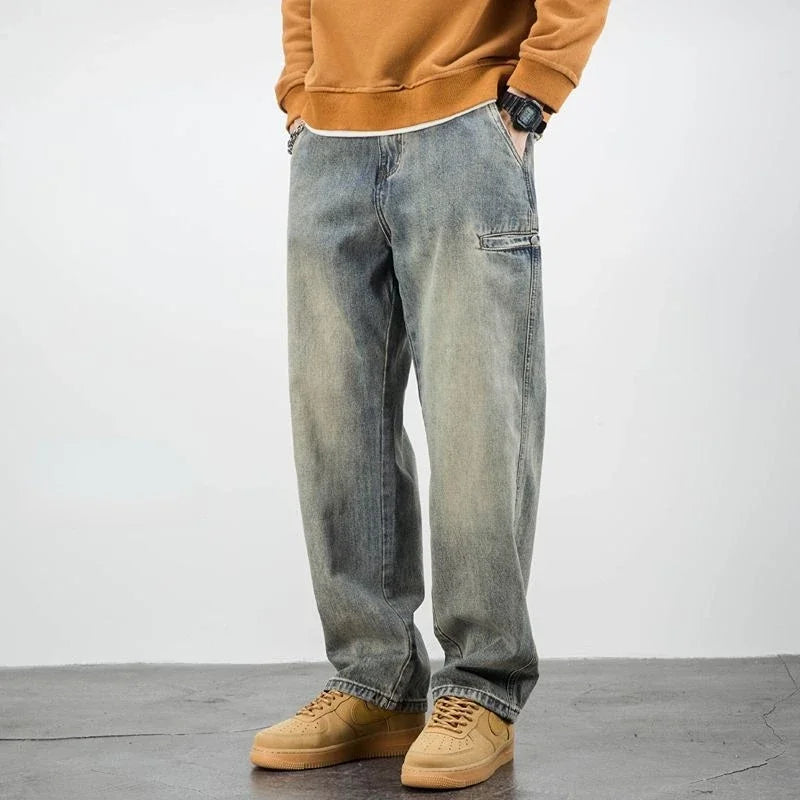 Men's Jeans Retro Cargo Trousers Straight Man Cowboy Pants