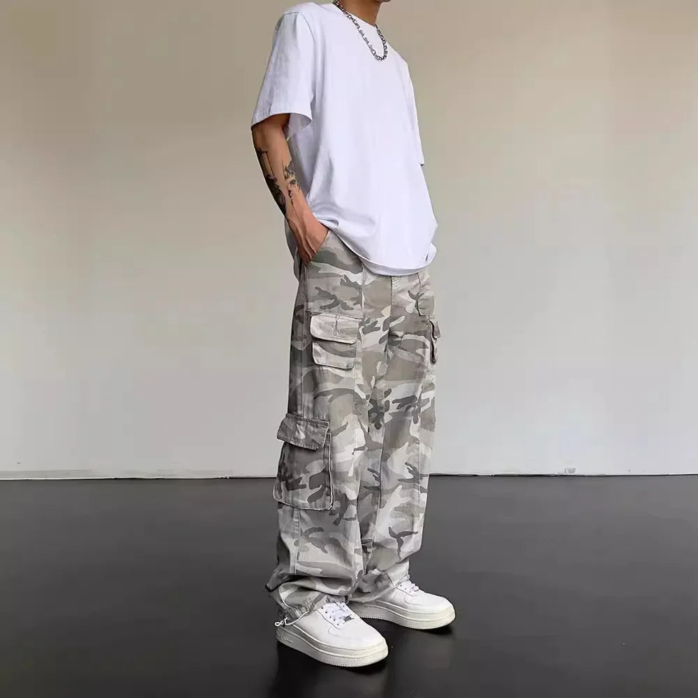Vintage American Style Camouflage Pants Men's Loose Straight Leg Cargo Pants