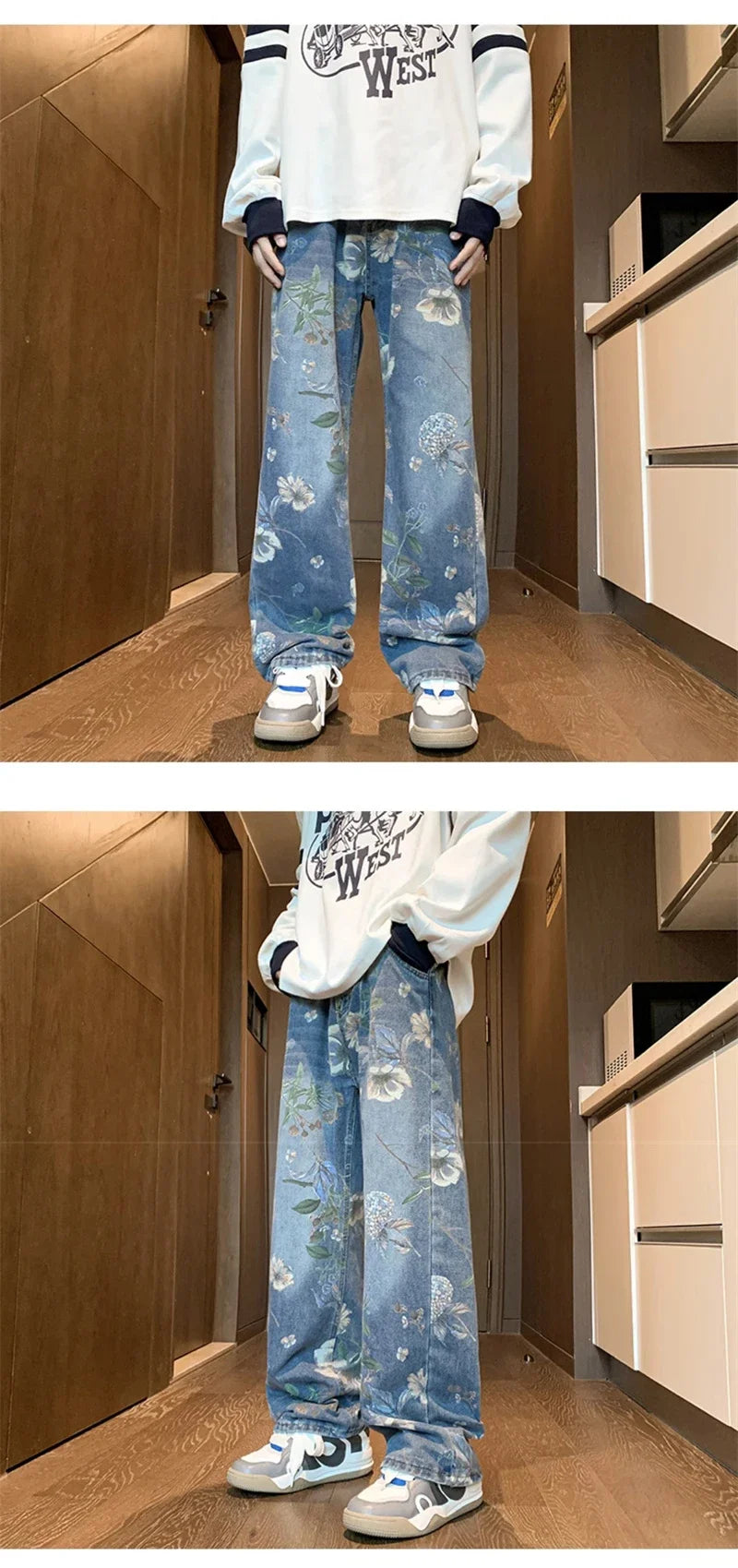 Autumn Floral Printed Jeansn 2024 New Y2K Vintage Denim Pants Hip Hop Fashion Wide-leg Baggy Jean Streetwear