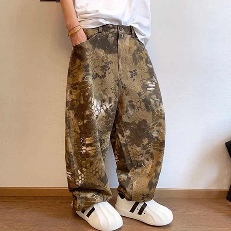 New Men Chic Snake Print Streetwear Jeans Male Designer Brand Casual Denim Pants Popular American Graphic Hip Pop Denim Trousers
