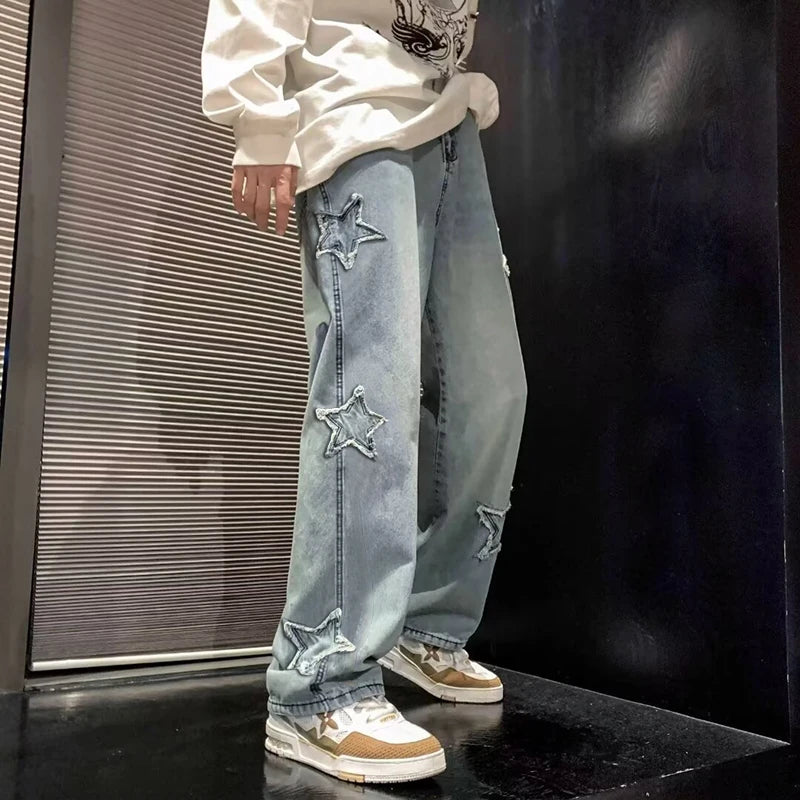 Star Embroidery Straight Casual Men Jeans Gothic Neutral New Wide Leg Loose Hip-hop Fashion Youth Streetwear